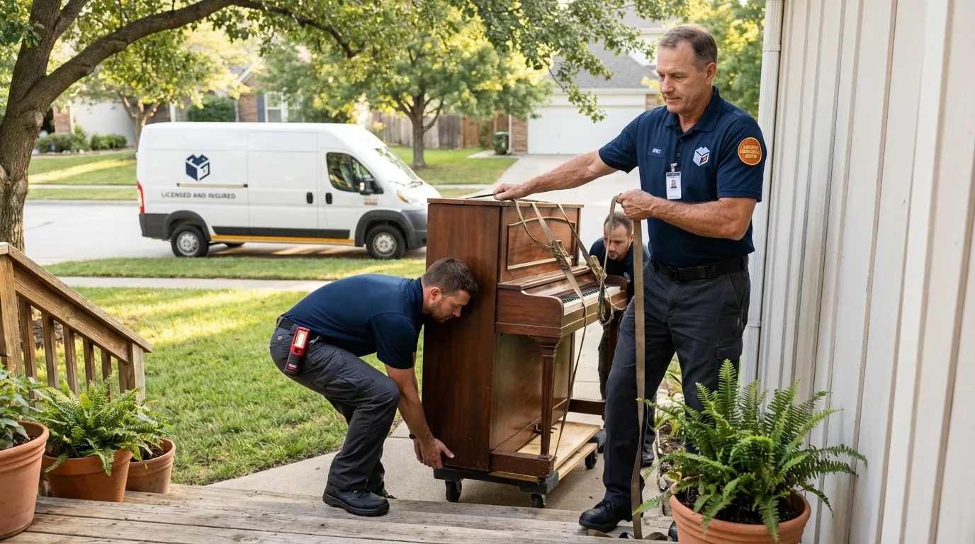 Licensed piano movers securing grand piano in Santa Claus, IN