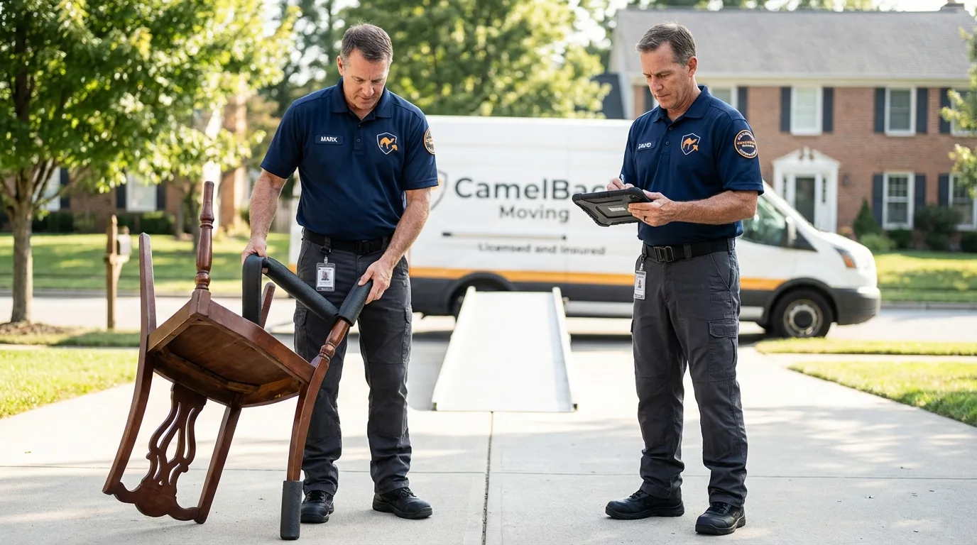 Movers inspecting furniture for damage prevention before loading in Santa Claus, IN