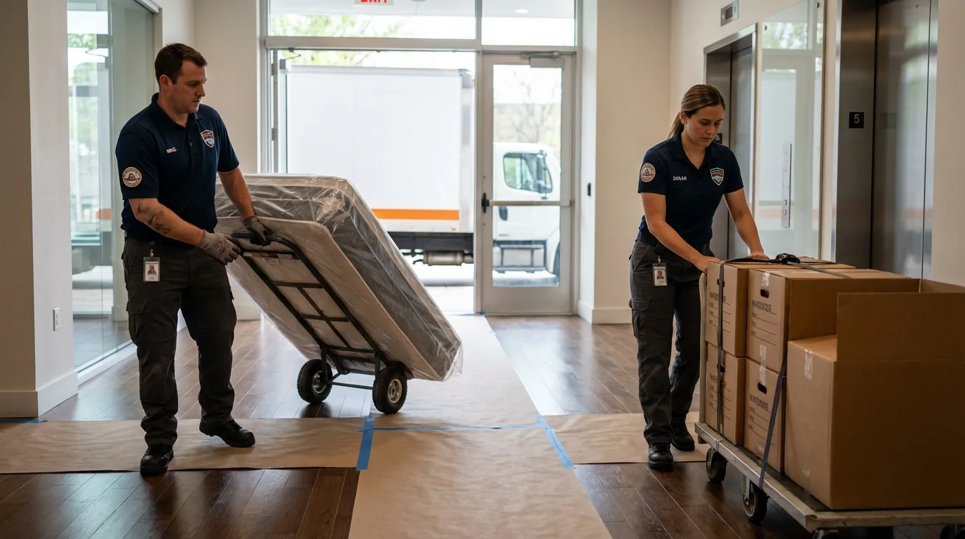 Professional apartment movers loading elevator in Santa Claus, IN
