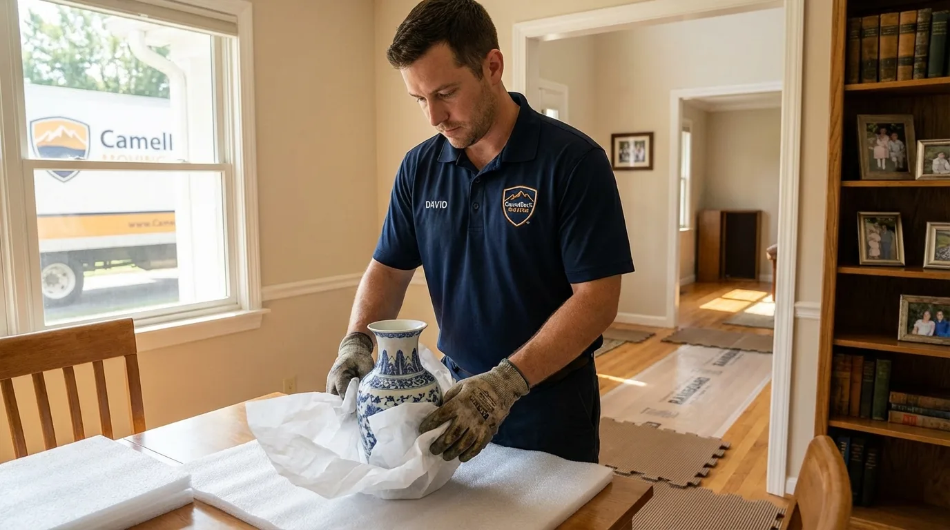 Professional crew carefully wrapping antique vase for senior downsizing move in Santa Claus, IN